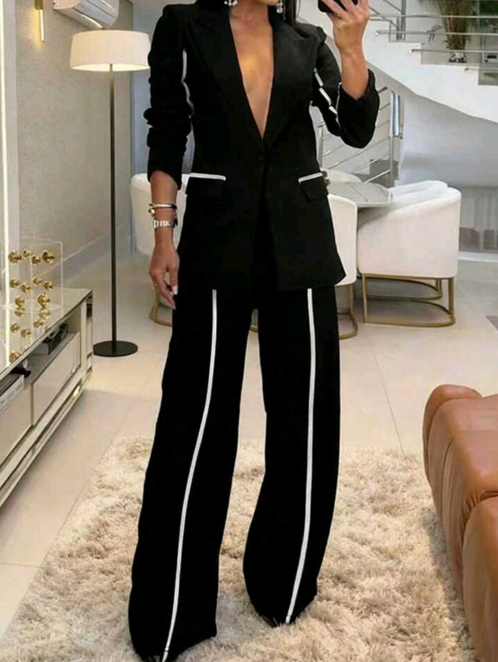 Black Wide-Leg Suit Pants with White Stripe - Women's - Picture 1 of 4